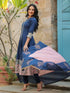 Women Navy Blue Pure Cotton Anarkali Kurta with Churidar & Dupatta, Mandarin Collar